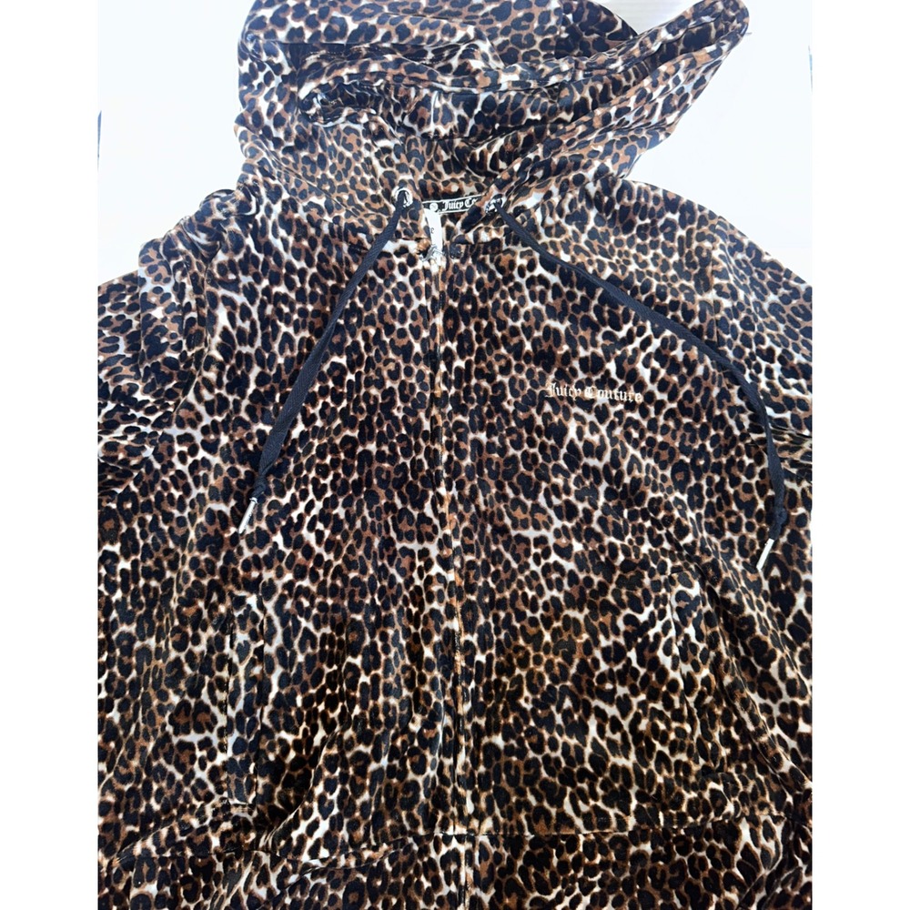 Juicy Couture Leopard Print Velour Zip Up Hoodie Brown Black